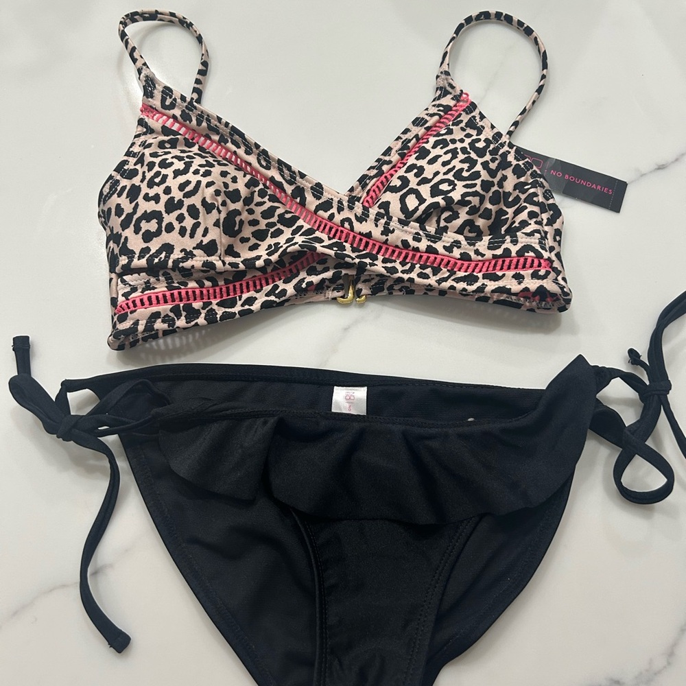 No Boundaries Leopard Print Bikini Top with Black Tie-Side Bottoms - Pink Accent